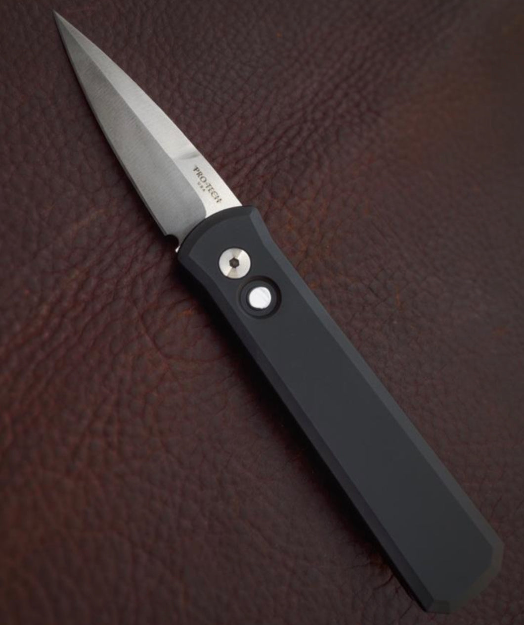 Pro-Tech Godson *LIMITED* Black Handle Satin Blade and Pearl button (721-LTD)