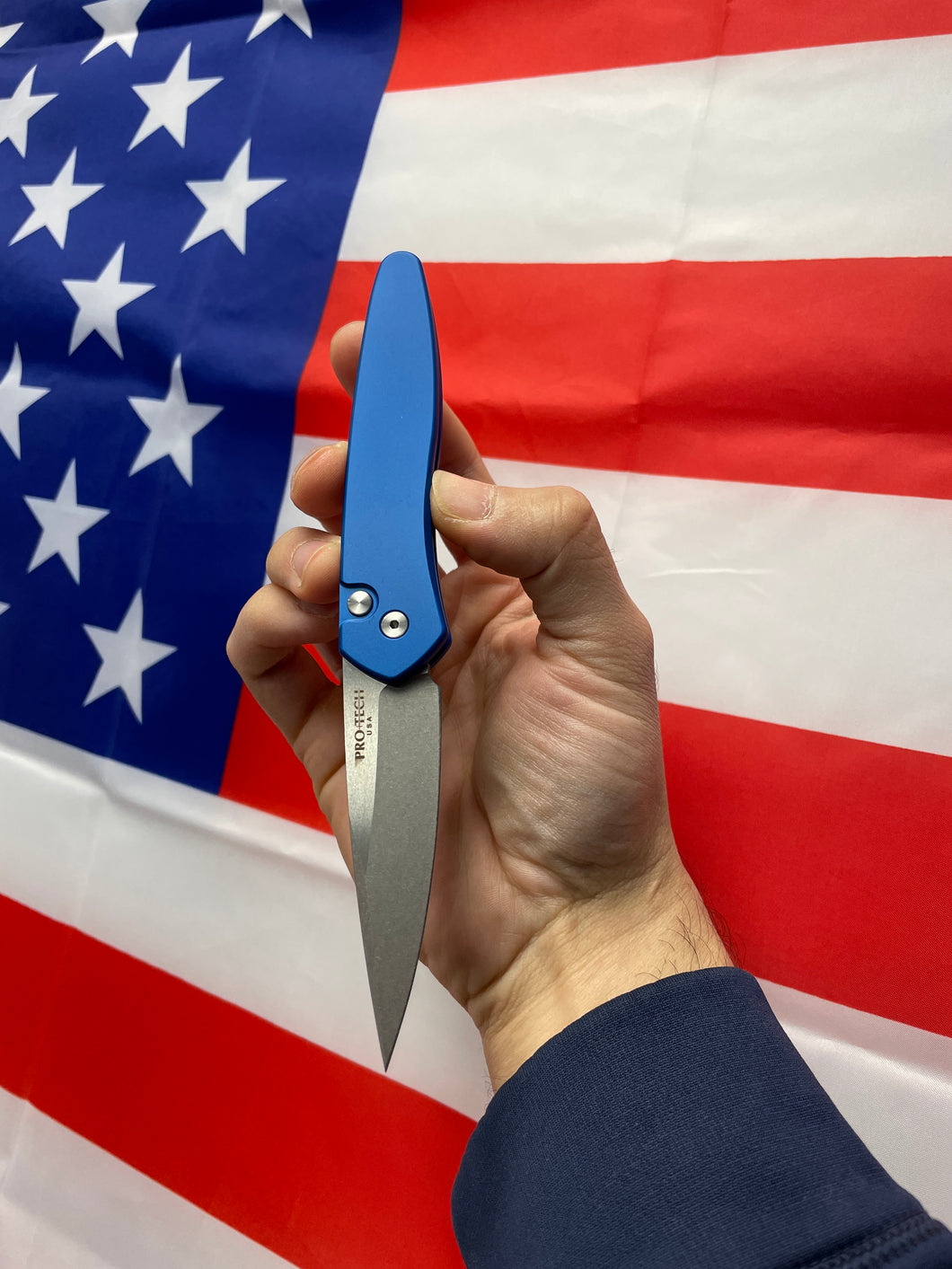 Pro-Tech Newport Blue handle Stonewash Blade