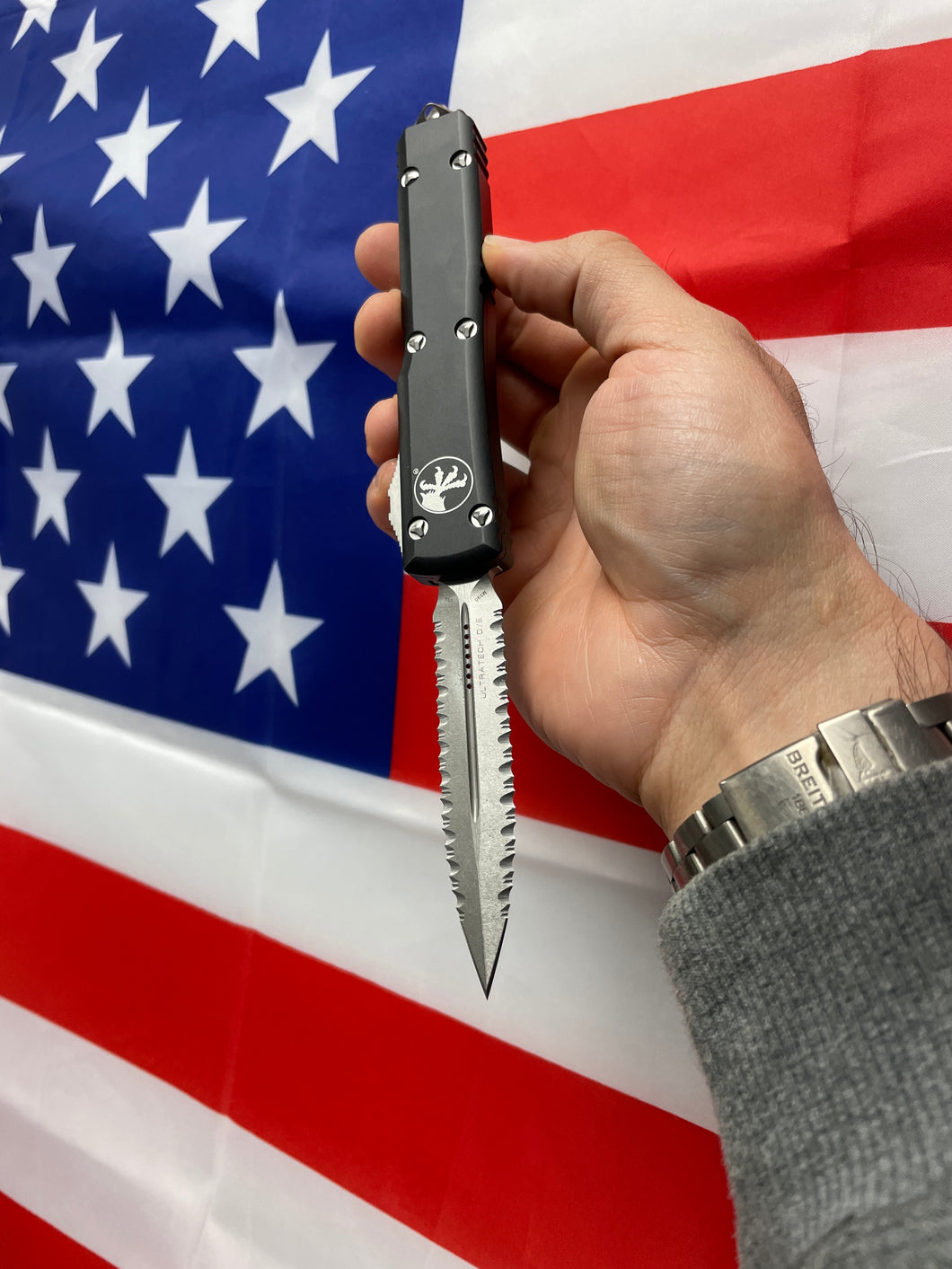 Microtech Ultratech D/E Stonewash Double Full Serrated 122-D12